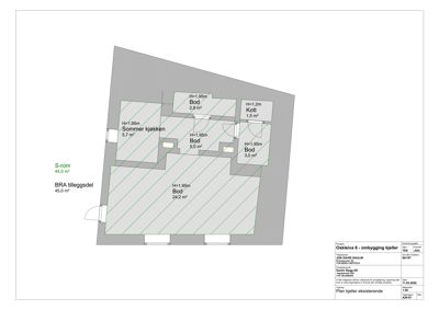 Etasjeplan (eller kjellerplan) som viser romfordeling, arealer og høyder for en eksisterende bygning.