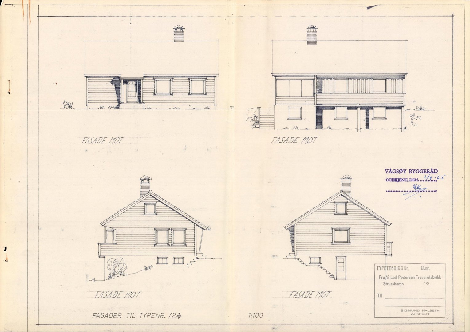 Tegning som viser fire forskjellige fasader (oppsett) av en bygning, med tekst 'FASADE MOT' og 'FASADER TIL TYPENR. 12'.
