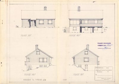 Tegning som viser fire forskjellige fasader (oppsett) av en bygning, med tekst 'FASADE MOT' og 'FASADER TIL TYPENR. 12'.