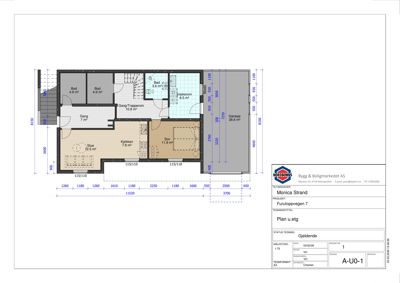 Etasjeplan (Plan u.etg) som viser romfordeling, mål og areal for en bolig.