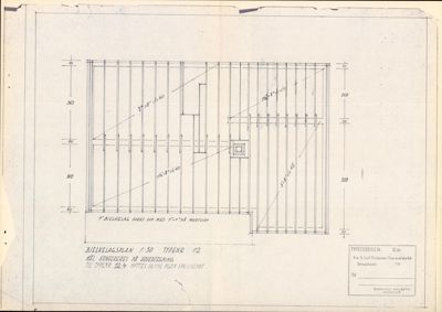 Tegning som viser detaljert konstruksjon av en bjelkelag (bjelkeplan) med mål og notasjoner om utforming.