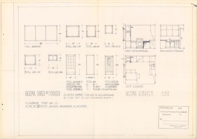 Tegning som viser detaljerte dimensjoner og spesifikasjoner for dører, vinduer og innredningselementer i kjøkkenet.
