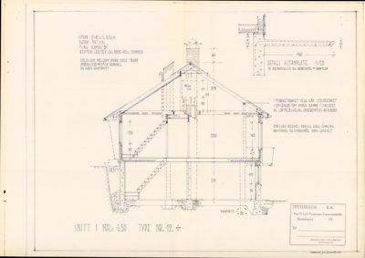 Snittegning (snitt I) som viser tverrsnittet av en bygning med oppgitt mål (1:50), inkludert takkonstruksjon, etasjer, trapp og detaljer.
