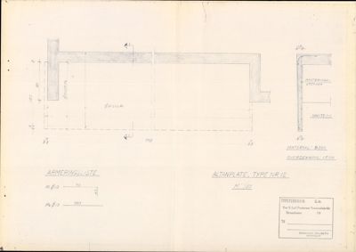 Tegning av en altanplate (type nr 12) med angivelse av armering, dimensjoner og materiale.