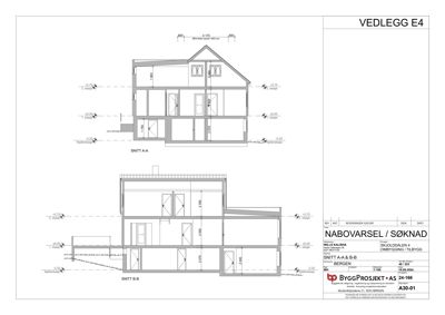 Snittegning (SNITT A-A og SNITT B-B) som viser bygningens tverrsnitt, høyder og romfordeling.