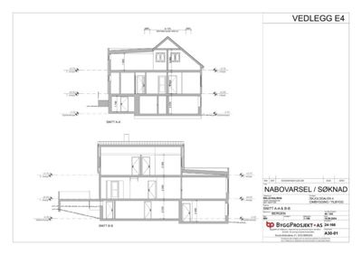Snittegning (SNITT A-A og SNITT B-B) som viser bygningens tverrsnitt, høyder og romfordeling.