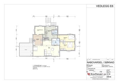 Etasjeplan (1. etasje) som viser romfordeling, dimensjoner og funksjoner i en bolig.