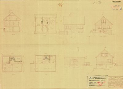 Et tegningsark som viser både fasadeopprikk (fra utsiden) og snittegninger (fra innsiden) av en bygning.