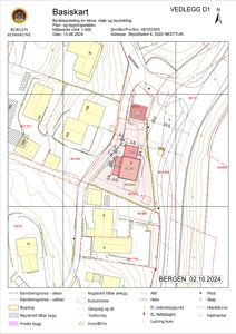 Basiskart (situasjonsplan) som viser eiendomsgrenser, bygninger, høydekurver og infrastruktur for Skjolddalen 4 i Bergen.