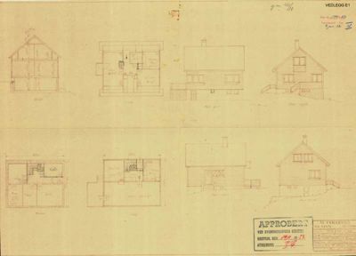 Et tegningsark som viser både fasadeopprikk (fra utsiden) og snittegninger (fra innsiden) av en bygning.