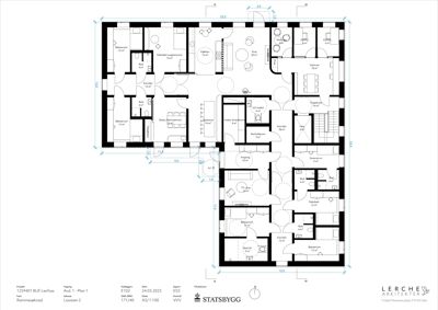 Etasjeplan (Plan 1) som viser romfordeling, stuer, soverom og korridorer i en bolig.