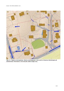 Kart som viser dagens avrenningslinjer, eiendomsgrenser og flomveier med høydekurver.