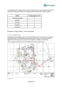 Situasjonsplan som viser planlagt plassering av flomveier (røde og blå linjer) i forhold til eksisterende bygninger og infrastruktur.