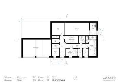 Etasjeplan som viser romfordeling, størrelser og funksjoner i et hus.