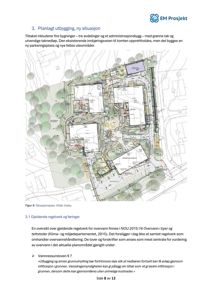 Situasjonsplan som viser tomtens oppdeling med fire nye bygninger, grønne tak, parkeringsplass og felles uteområder.