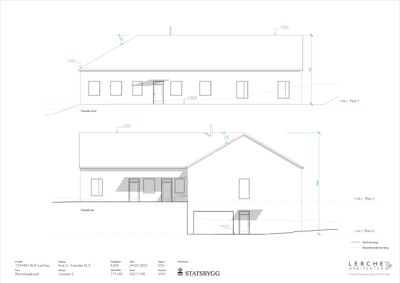 Bildet viser fasadetegninger for en bygning, med oppriss av fasade nord og fasade sør, inkludert høydeangivelser og terrenglinjer.