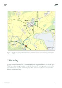 Et kart som viser et ledningsnett med dimensjoner og uttakspunkter i Haneborg, basert på EPANET-modellering.