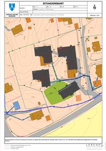 Situasjonskart som viser tomtens beliggenhet, eksisterende bebyggelse, topografi (høydekurver) og planlagte endringer.