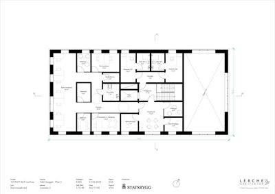 Etasjeplan (Plan 2) for administrasjonsbygget i Lierfoss, som viser romfordeling og arealer.