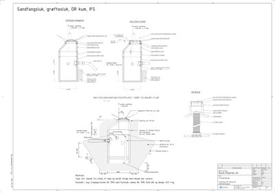 Tegning som viser detaljerte snitt og oppriss av en sandfangsluk, grøftesluk og DR-kum med spesifikke konstruksjonsdetaljer.