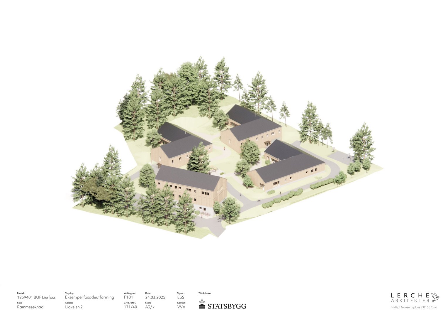 3D-visualisering (rendering) av en bygning med omgivende vegetasjon og terreng.