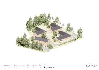 3D-visualisering (rendering) av en bygning med omgivende vegetasjon og terreng.