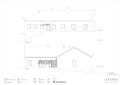 Fasadetegning som viser bygningens utseende sett fra nord og sør, med høydeangivelser og terrengforhold.