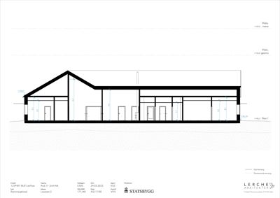 Snittegning av en bygning som viser høyder, takform og romfordeling.