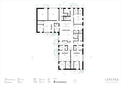 Etasjeplan (Plan 1) som viser romfordeling, veggposisjon og mål for en bolig.