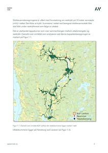 Et kart over et geografisk område (vannforsyningssystem) med markerte uttakspunkter og reservoarer.