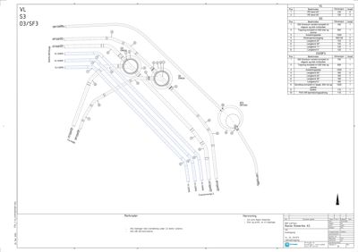 Teknisk detaljtegning som viser rørledninger, dimensjoner og materialer for en byggesak.
