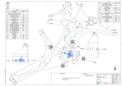 Etasjeplan eller romfordeling for en bygning, sannsynligvis et teknisk rom eller etasje med installasjoner, som viser romnummer, dimensjoner og plassering av utstyr.
