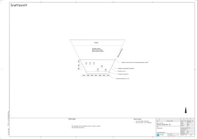 Snittegning av en grøft med detaljer om dyp, bredde og konstruksjon.