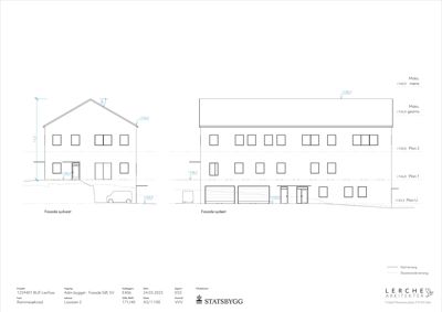 Fasadetegning som viser bygningens utseende fra sydvest og sydvest, inkludert vinduer, dører, takform og høydemål.