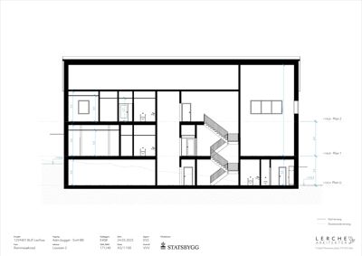 Snittegning (Snitt BB) som viser tverrsnittet av en bygning med romfordeling, trapp og høydemål.