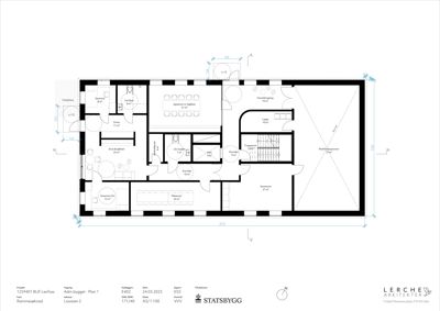 Etasjeplan (Plan 1) som viser romfordeling, stuer, kjøkken, bad og andre rom i en bolig.