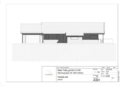 Fasadetegning (opprikk) av en bygning sett fra øst, med visuell fremstilling av fasadematerialer, vinduer og takform.