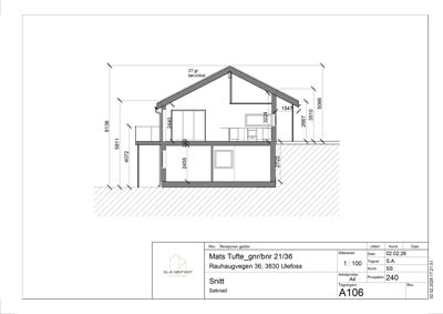 Snittegning som viser tverrsnittet av en bolig med mål på høyder, takhøyde og romfordeling.
