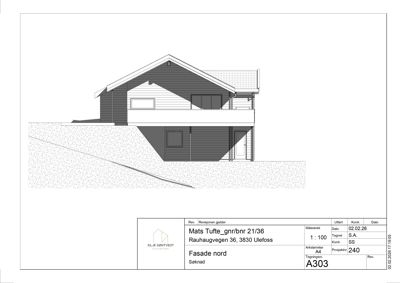 Fasadetegning (opprikk) av en bolig sett fra nord.