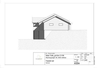 Fasadetegning som viser bygningens utseende sett fra sør.