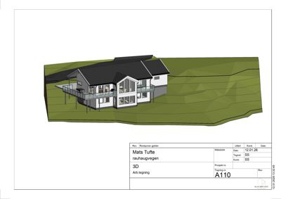 3D-visualisering av en husmodell i etasje med omgivende terreng.