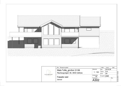 Fasadetegning (opprikk) av en bolig sett fra vest, med detaljer om vinduer, tak og fasadematerialer.