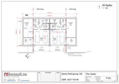 Plantegning av kjelleretasje med romfordeling, dimensjoner og veggtykkelse.