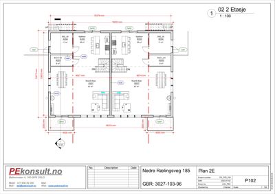 Etasjeplan for 2. etasje (Plan 2E) som viser romfordeling, mål og funksjoner.