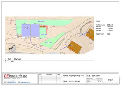 Situasjonsplan (Sit_Pi) som viser tomtens form, terrengforhold, bygningers plassering og arealoppdelinger.