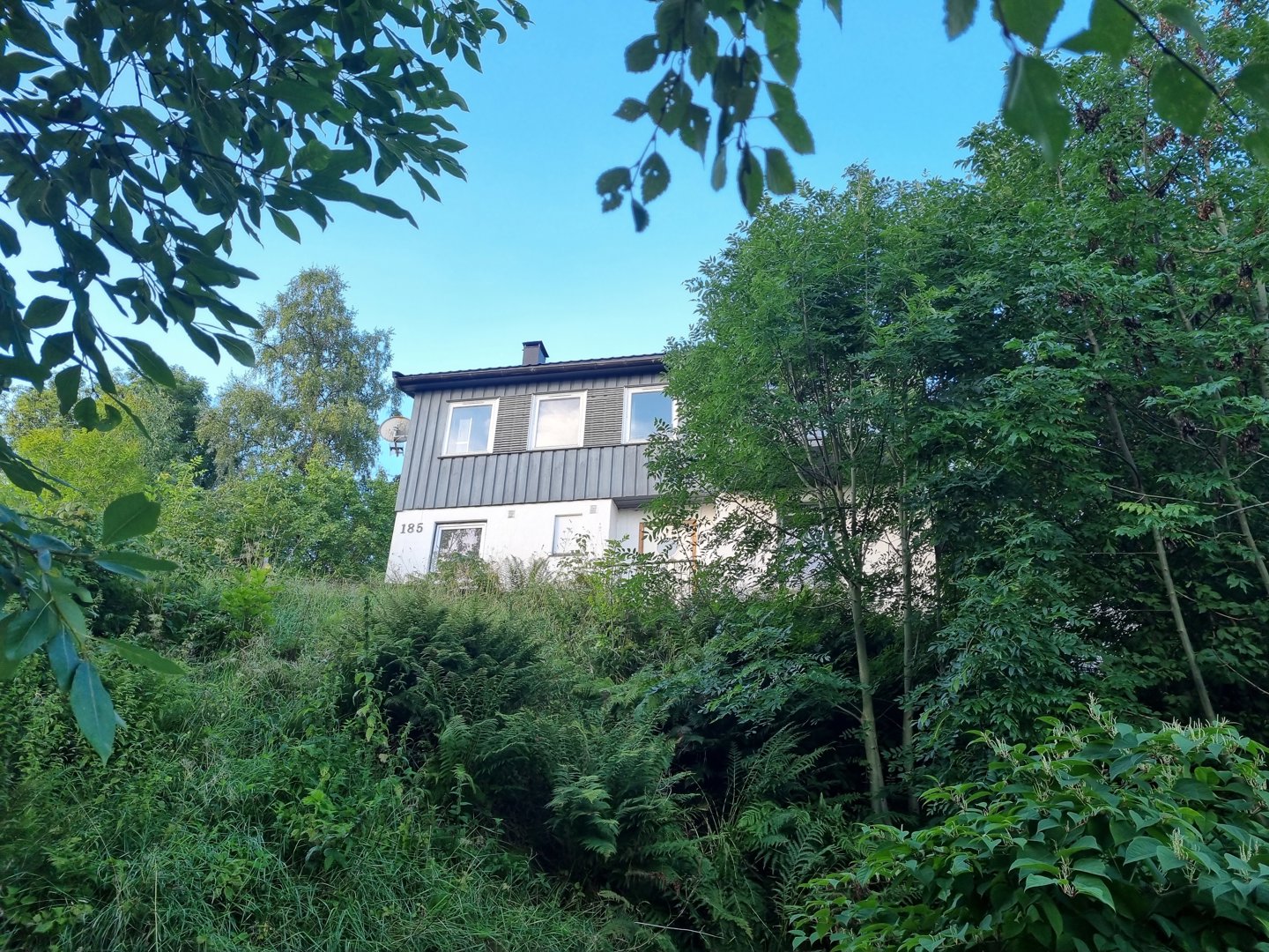 Fotografi av en eksisterende toetasjes bolig sett fra et lavt vinkel, omgitt av vegetasjon.