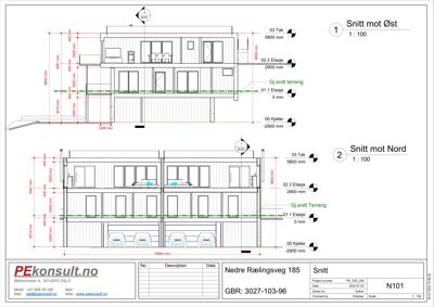 Snittegning av en bygning med oppriss mot øst og nord, inkludert høydeangivelser og romfordeling.