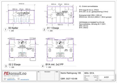 Etasjeplaner for kjeller og tre etasjer (01, 02, BYA) med romfordeling, mål og arealangivelser.