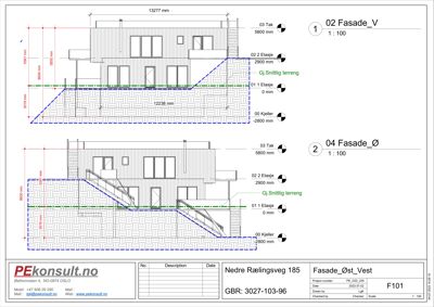 Fasadetegning som viser bygningens utseende fra øst og vest, med mål på høyder, etasjer og terrengforhold.