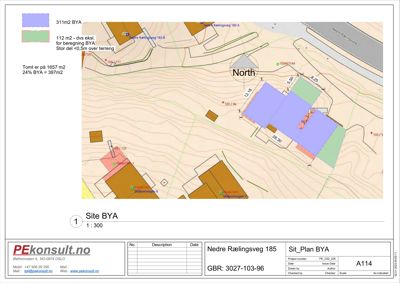 Situasjonsplan som viser tomtens form, grenser, høydeforhold (konturer) og plassering av bygninger i forhold til nabolag.